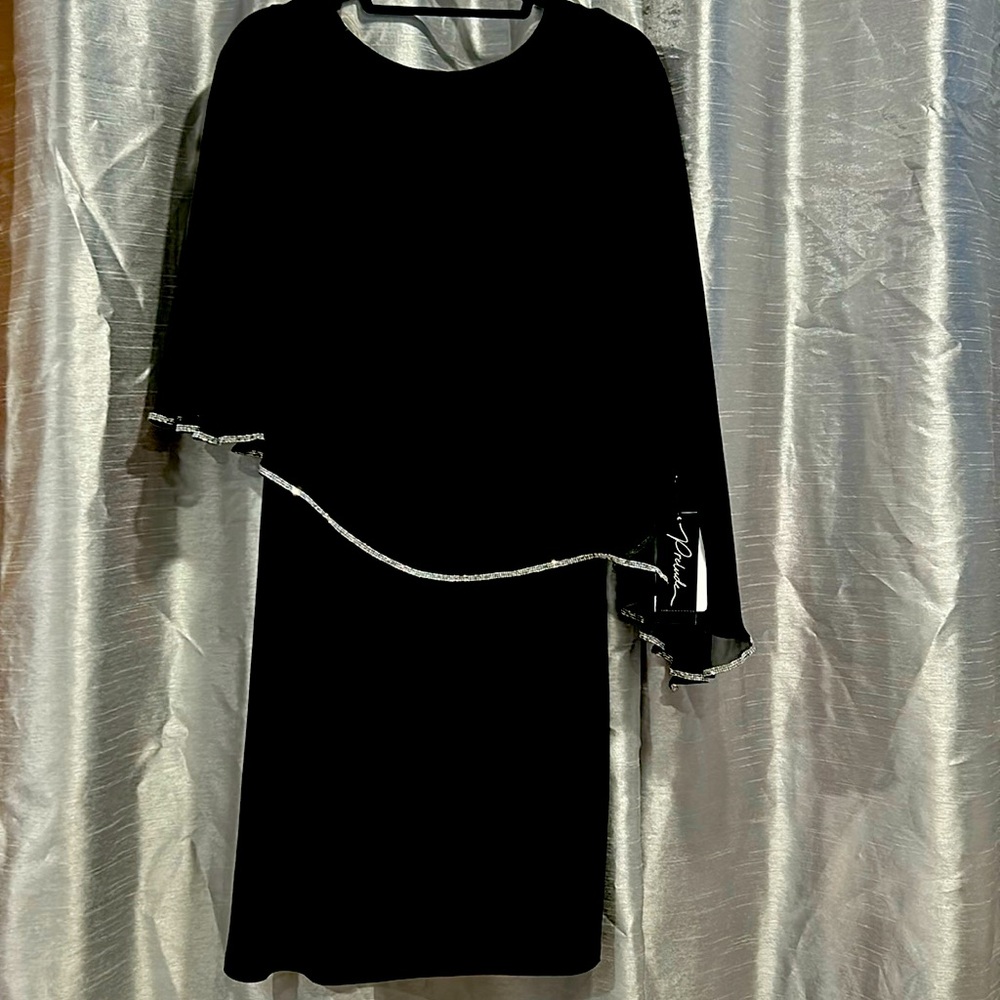 Women’s black knee length dress with sheer overlay